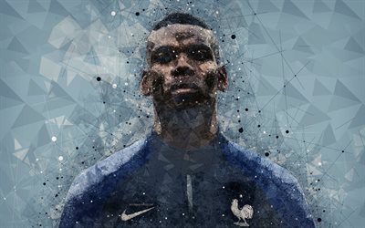 بول بوجبا, 4k, الفن, فرنسا الوطني لكرة القدم, الهندسية الفنية, خلفية زرقاء, الفرنسي لاعب كرة القدم, فرنسا