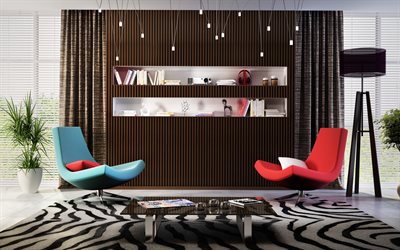 stylish interior, shelves for books, living room, stylish modern armchairs, modern design