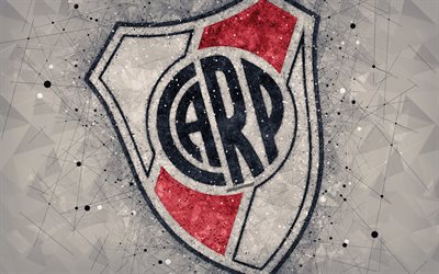 CA River Plate, 4k, logo, geometric art, Argentine football club, gray abstract background, Argentine Primera Division, football, Buenos Aires, Argentina, creative art, River Plate FC