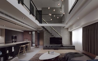 stylish design for two-storey apartments, loft style, modern interior, living room, kitchen