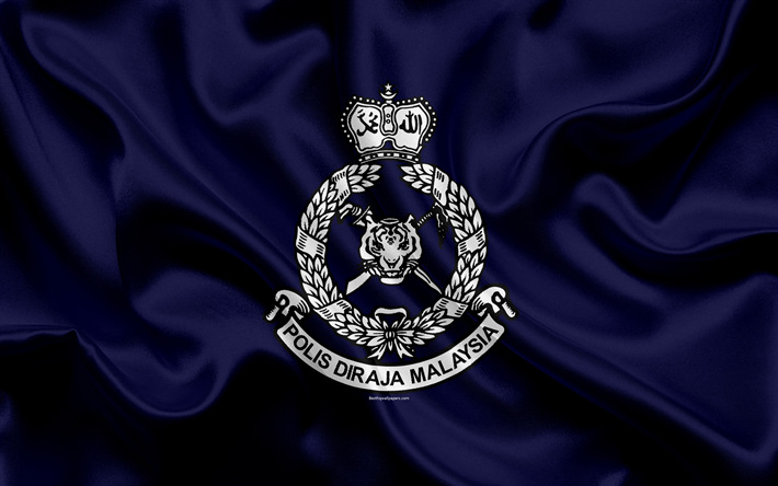 royal malaysian police, 4k, blau seide textur, wappen, pdrm, symbol, malaysia, seide flagge