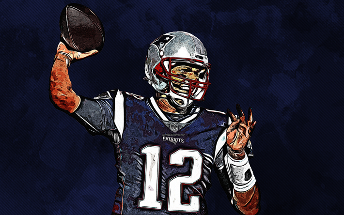 Tom Brady, 4k, grunge sanat, Amerikan Futbolu, NFL, New England Patriots, ABD, mavi arka plan, yaratıcı sanat