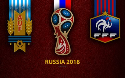 Uruguay vs France, Round 8, 4k, leather texture, logo, 2018 FIFA World Cup, Russia 2018, July 6, football match, creative art, national football teams