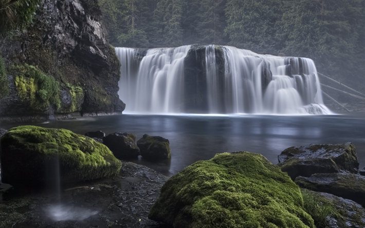 cascada, lago de monta&#241;a, bosque, niebla, monta&#241;as, Europa, hermosa cascada