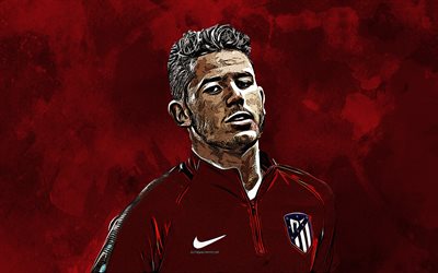 Lucas Hernandez, 4k, grunge art, Atletico Madrid, creative art, drawing, French football player, red grunge background