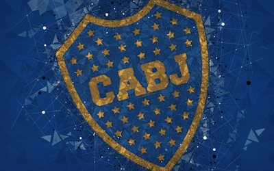 CA Boca Juniors, 4k, logotyp, geometriska art, Argentinsk fotboll club, bl&#229; abstrakt bakgrund, Argentinska Primera Division, fotboll, Buenos Aires, Argentina, kreativ konst, Boca Juniors FC