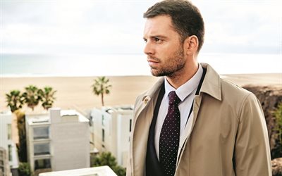 Sebastian Stan, American actor, photoshoot, 2018, brown coat, portrait