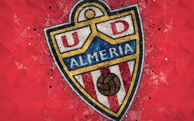 UD Almeria, 4k, geometric art, logo, red abstract background, Spanish football club, emblem, LaLiga2, Segunda Division B, Almeria, Spain, football, creative art, Almeria FC