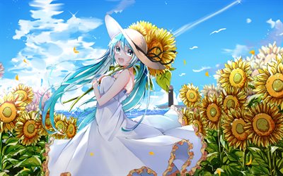 Hatsune Miku, sunflowers, field, manga, Vocaloid