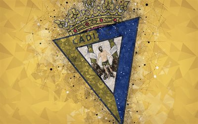 Cadiz CF, 4k, arte geometrica, logo, giallo astratto sfondo, squadra di calcio spagnola, emblema, LaLiga2, Segunda Division B, Andalusia, Spagna, calcio, arte creativa