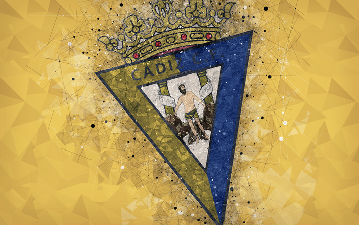 Cadiz CF, 4k, geometrinen taide, logo, keltainen abstrakti tausta, Espanjan football club, tunnus, LaLiga2, Segunda Division B, Andalusia, Espanja, jalkapallo, creative art