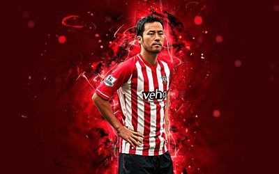 4k, Maya Yoshida, abstrakti taide, jalkapallo, Southampton, Yoshida, Premier League, jalkapalloilijat, neon valot, Southampton FC