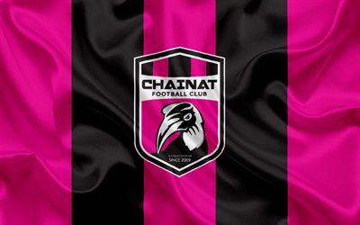Chainat Hornbill FC, 4k, logo, silk texture, Thai professional football club, pink black flag, Thai League 1, Chai Nat, Thailand, football, Thai Premier League