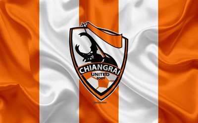 Chiang Rai United FC, 4k, logo, ipek doku, Thai Profesyonel Futbol Kul&#252;b&#252;, turuncu, beyaz bayrak, Tayland 1 Ligi, Chiang Rai, Tayland, futbol, Tayland Premier Lig