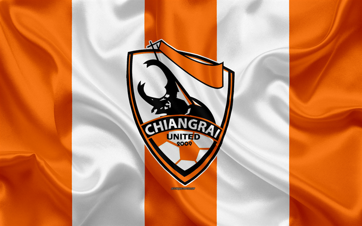 chiangrai liegt united fc, 4k, logo, seide textur, thai profi-fu&#223;ball-club, orange-wei&#223;e flagge, thail&#228;ndische liga 1, chiang rai, thailand, fu&#223;ball, thai premier league