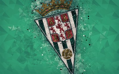 Cordoba CF, 4k, geometric art, logo, green abstract background, Spanish football club, emblem, LaLiga2, Segunda Division B, Cordoba, Spain, football, creative art