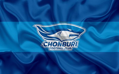 Chonburi FC, 4k, logo, silk texture, Thai professional football club, blue flag, Thai League 1, Chonburi, Thailand, football, Thai Premier League