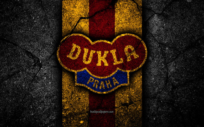 4k, Dukla FC, emblem, football, Czech football club, black stone, 1 Liga, Dukla Praha, Czech Republic, asphalt textures, Czech First League, soccer, FC Dukla
