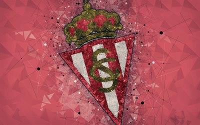 Real Sporting de Gijon, 4k, geometric art, logo, red abstract background, Spanish football club, emblem, LaLiga2, Segunda Division B, Gij&#243;n, Spain, football, creative art, Gijon FC
