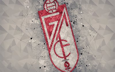 Granada CF, 4k, geometrik sanat, logo, gri soyut arka plan, İspanyol Futbol Kul&#252;b&#252; amblemi, LaLiga2, Segunda Division B, Granada, İspanya, futbol, yaratıcı sanat