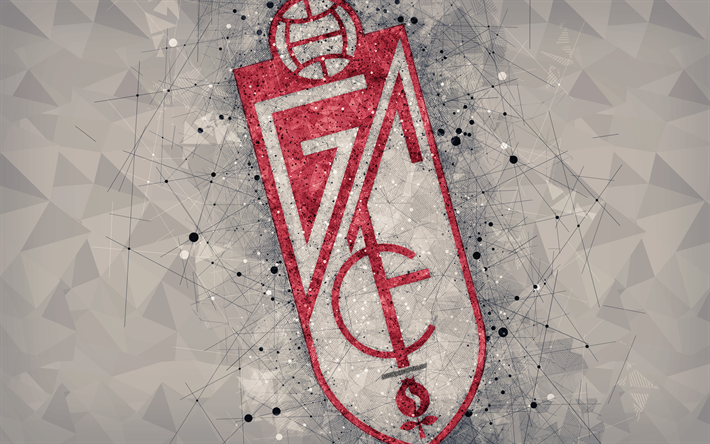 Granada CF, 4k, arte geometrica, logo, grigio sfondo astratto, squadra di calcio spagnola, emblema, LaLiga2, Segunda Division B, Granada, Spagna, calcio, arte creativa