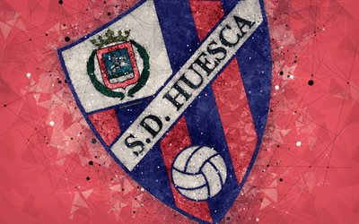 Sociedad Deportiva Huesca, 4k, geometric art, logo, red abstract background, Spanish football club, emblem, LaLiga2, Segunda Division B, Huesca, Spain, football, creative art, SD Huesca