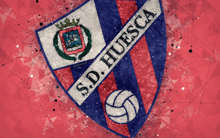 Sociedad Deportiva Huesca, 4k, geometrik sanat, logo, kırmızı, soyut, arka plan, İspanyol Futbol Kul&#252;b&#252; amblemi, LaLiga2, Segunda Division B, Huesca, İspanya, futbol, yaratıcı sanat, SD Huesca
