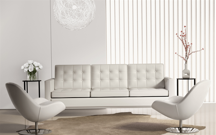 stylish light interior, living room, white leather sofa, stylish armchairs, modern interior design