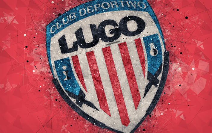 CD Lugo, 4k, geometric art, logo, red abstract background, Spanish football club, emblem, LaLiga2, Segunda Division B, Lugo, Spain, football, creative art, Club Deportivo Lugo