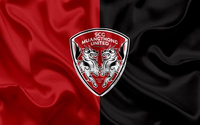 Muangthong United FC, 4k, logo, silk texture, Thai professional football club, red black flag, Thai League 1, Muang Thong Thani, Thailand, football, Thai Premier League