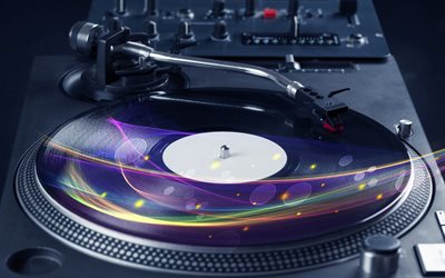 DJ control panel, vinyl records, purple abstract wave, DJ