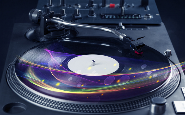DJ painel de controle, discos de vinil, roxo resumo de onda, DJ