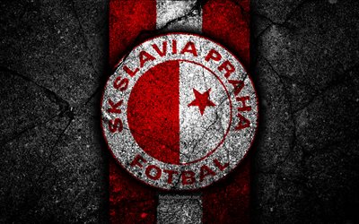 4k, Slavia FC, emblem, fotboll, Tjeckiska football club, svart sten, 1 League, Slavia Prag, Tjeckiska Republiken, asfalt texturer, Tjeckiska Ligan, FC Slavia