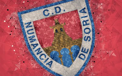 CD Numancia, 4k, geometric art, logo, red abstract background, Spanish football club, emblem, LaLiga2, Segunda Division B, Soria, Spain, football, creative art, Club Deportivo Numancia de Soria