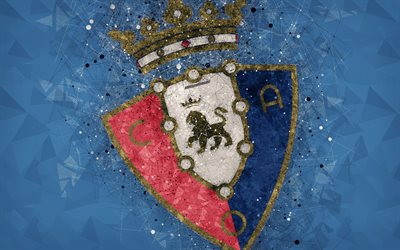 CA Osasuna, 4k, geometric art, logo, blue abstract background, Spanish football club, emblem, LaLiga2, Segunda Division B, Pamplona, Navarre, Spain, football, creative art, Osasuna FC