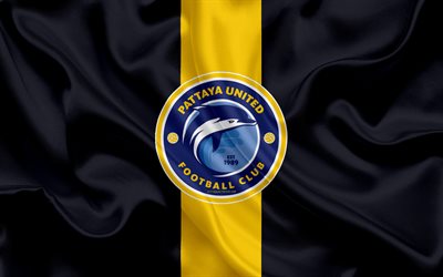 Pattaya United FC, 4k, logo, ipek doku, Thai Profesyonel Futbol Kul&#252;b&#252;, siyah sarı bayrak, Tayland 1 Ligi, Pattaya, Tayland, futbol, Tayland Premier Lig