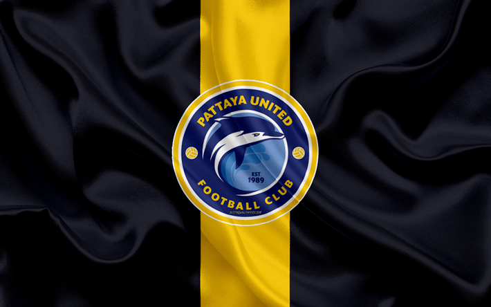 Pattaya United FC, 4k, el logotipo de seda de la textura, Tailandesa de f&#250;tbol profesional del club, negro, amarillo, bandera, Tailandesa de la Liga 1, Pattaya, Tailandia, el f&#250;tbol, la Thai Premier League