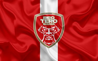 Polis Tero FC, 4k, logo, ipek doku, Thai Profesyonel Futbol Kul&#252;b&#252;, kırmızı beyaz bayrak, Tayland 1 Ligi, Bangkok, Tayland, futbol, Tayland Premier Lig