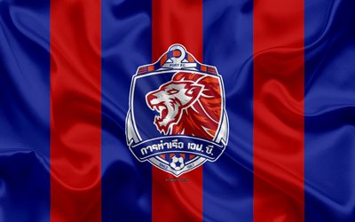 Port FC, Singhtarua Football Club, 4k, logo, silkki tekstuuri, Thai professional football club, punainen sininen lippu, Thai League 1, Bangkok, Thaimaa, jalkapallo, Thai Premier League