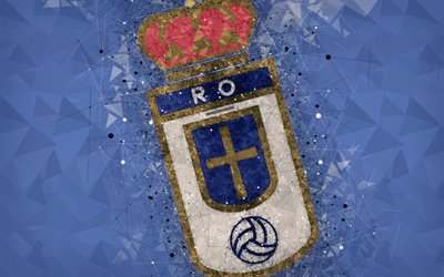 Real Oviedo FC, 4k, geometric art, logo, blue abstract background, Spanish football club, emblem, LaLiga2, Segunda Division B, Oviedo, Spain, football, creative art
