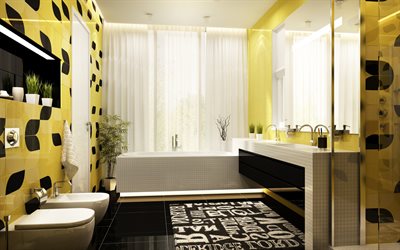 moderno e elegante, casa de banho, amarelo preto casa de banho interior, design moderno, paredes em tons de amarelo