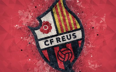 CF Reus Deportiu, 4k, geometric art, logo, red abstract background, Spanish football club, emblem, LaLiga2, Segunda Division B, Reus, Spain, football, creative art