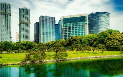 Tokyo, moderna staden, business center, park, moderna byggnader, Japan