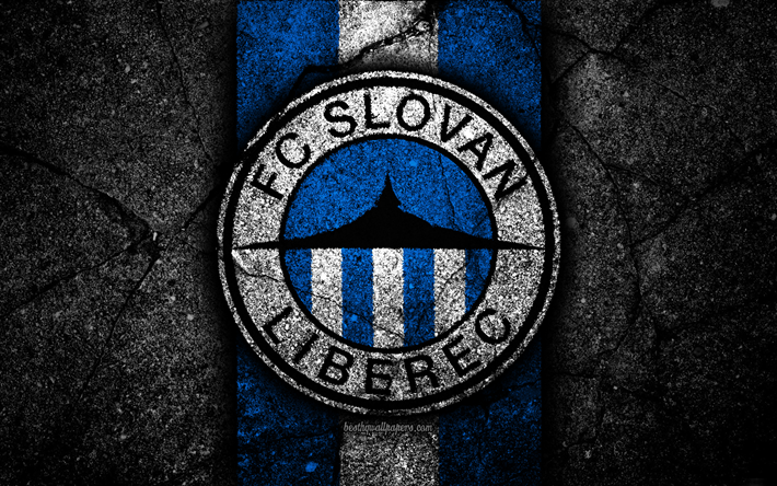 4k, Slovan FC, emblem, football, Czech football club, black stone, 1 Liga, Slovan Liberec, Czech Republic, asphalt textures, Czech First League, soccer, FC Slovan