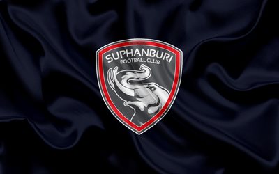 Suphanburi FC, 4k, logo, silk texture, Thai professional football club, dark blue flag, Thai League 1, Sufan Buri, Thailand, football, Thai Premier League