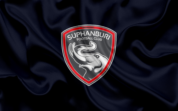 Suphanburi FC, 4k, logo, ipek doku, Thai Profesyonel Futbol Kul&#252;b&#252;, koyu mavi bayrak, Tayland 1 Ligi, Sufan Buri, Tayland, futbol, Tayland Premier Lig
