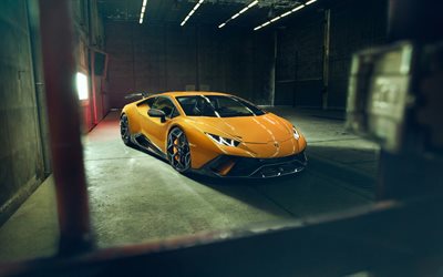 Lamborghini Huracan, 2018, Alto desempenho, Novitec, vista frontal, amarelo supercarro, ajuste, nova amarelo Huracan, Italiano supercarros, Lamborghini