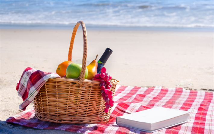 picknick konserter, frukt och vin korg, beach, sommar, sand, kusten, havet