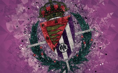 Real Valladolid CF, 4k, geometric art, logo, purple abstract background, Spanish football club, emblem, LaLiga2, Segunda Division B, Valladolid, Spain, football, creative art