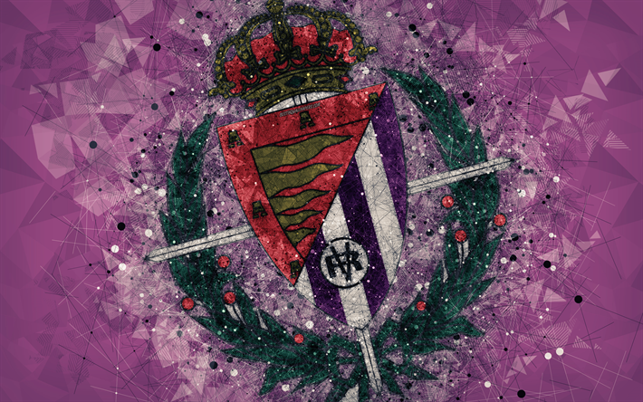Real Valladolid CF, 4k, arte geometrica, logo, viola astratto sfondo, squadra di calcio spagnola, emblema, LaLiga2, Segunda Division B, Valladolid, Spagna, calcio, arte creativa